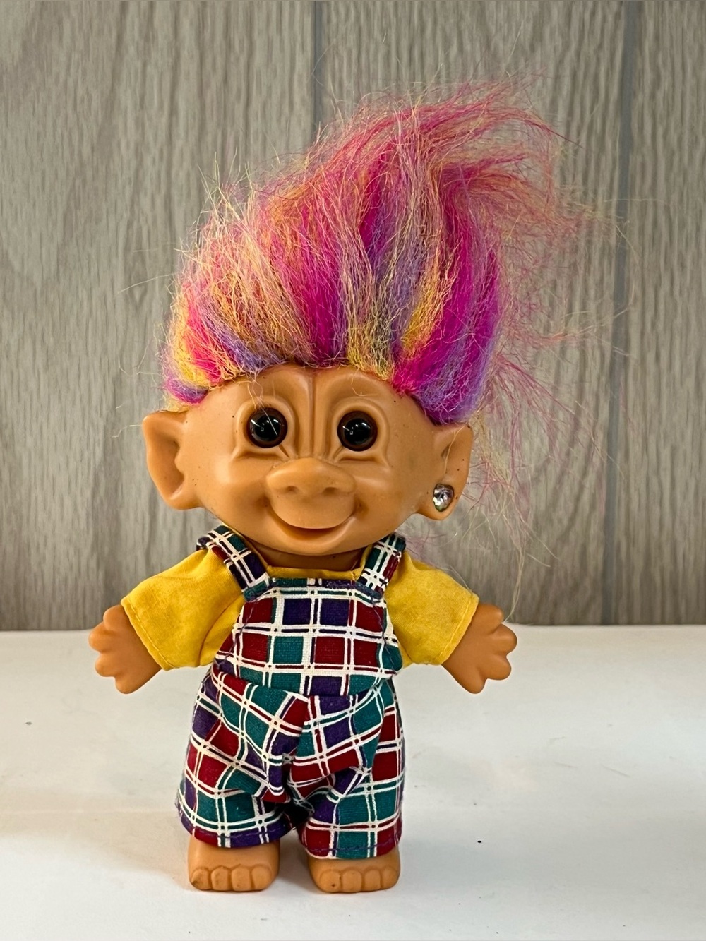1990's Bright Of America 4.5" Rainbow Troll Doll W/ Shiny Earring Red Overalls